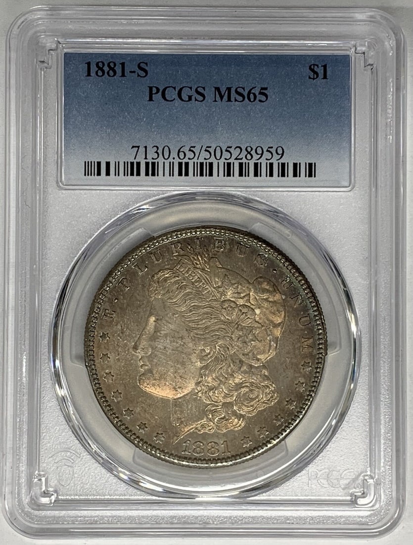 PCGS MS 65 1881-S Morgan Dollar Silver Coin with Toning: PCGS MS 65 1881-S Morgan Dollar Silver Coin with Toning This is a toned 1881-S Morgan Silver Dollar graded MS 65 by PCGS. Struck in silver, this uncirculated coin originates from the United States and