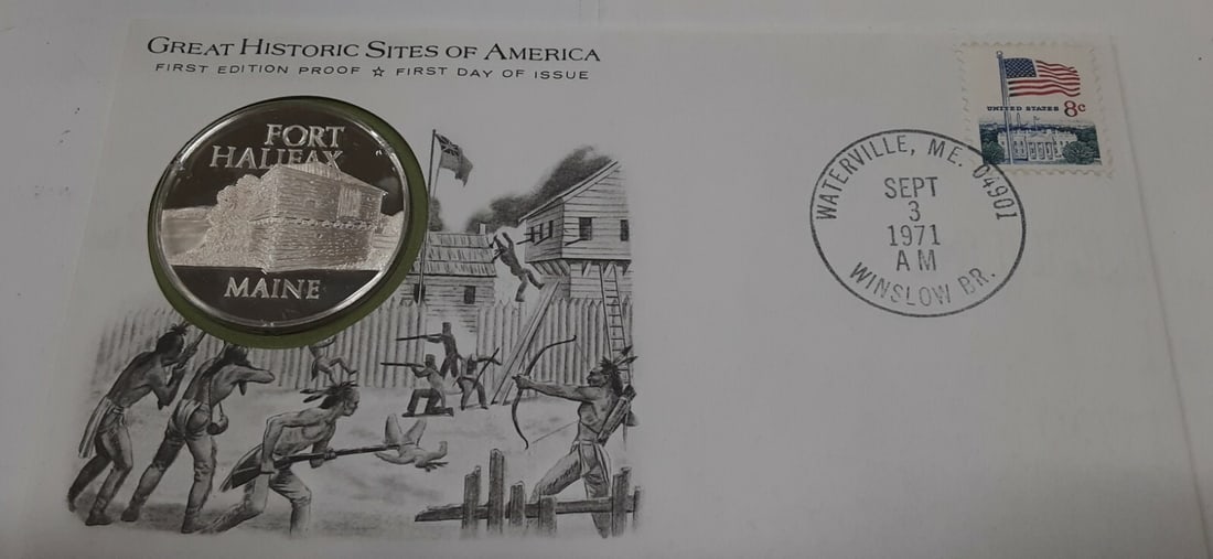 Proof Sterling Silver Fort Halifax Maine Medal First Day Cover by Franklin Mint 1971: Proof Sterling Silver Fort Halifax Maine Medal First Day Cover by Franklin Mint 1971 This 1971 Fort Halifax, Maine Great Historic Sites set by Franklin Mint features a proof sterling silver medal pres