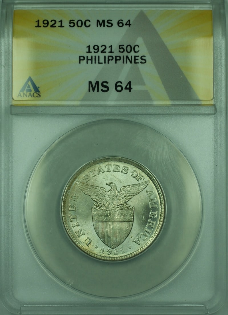 1921 Philippines Silver 50 Centavos ANACS MS 64 KM171 Coin: 1921 Philippines Silver 50 Centavos ANACS MS 64 KM171 Coin This 1921 50 Centavos coin from the Philippines is composed of silver and has been certified by ANACS with a grade of MS-64. It is classified