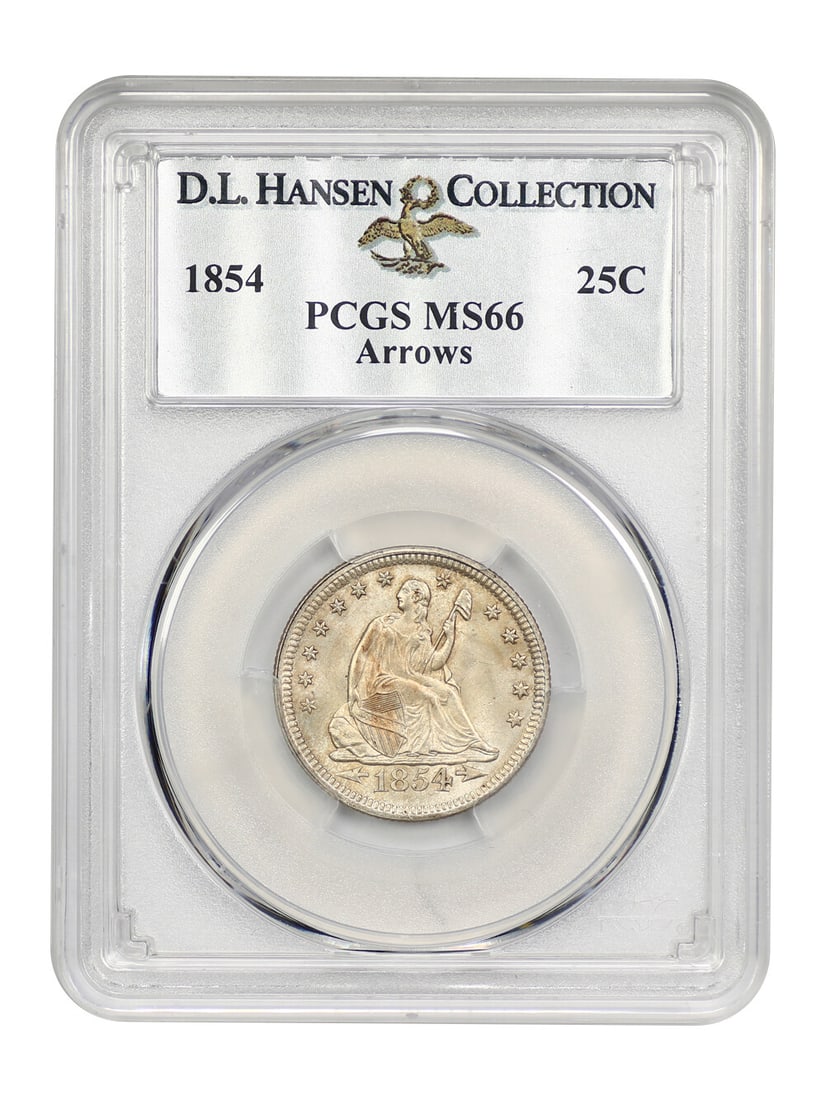 1854 Liberty Seated Quarter 25C PCGS MS66 Arrows D.L. Hansen: 1854 Liberty Seated Quarter 25C PCGS MS66 Arrows D.L. Hansen This 1854 25C Liberty Seated Quarter, graded MS66 by PCGS, is an exquisite example of the Arrows variety. It features a sharp strike comple