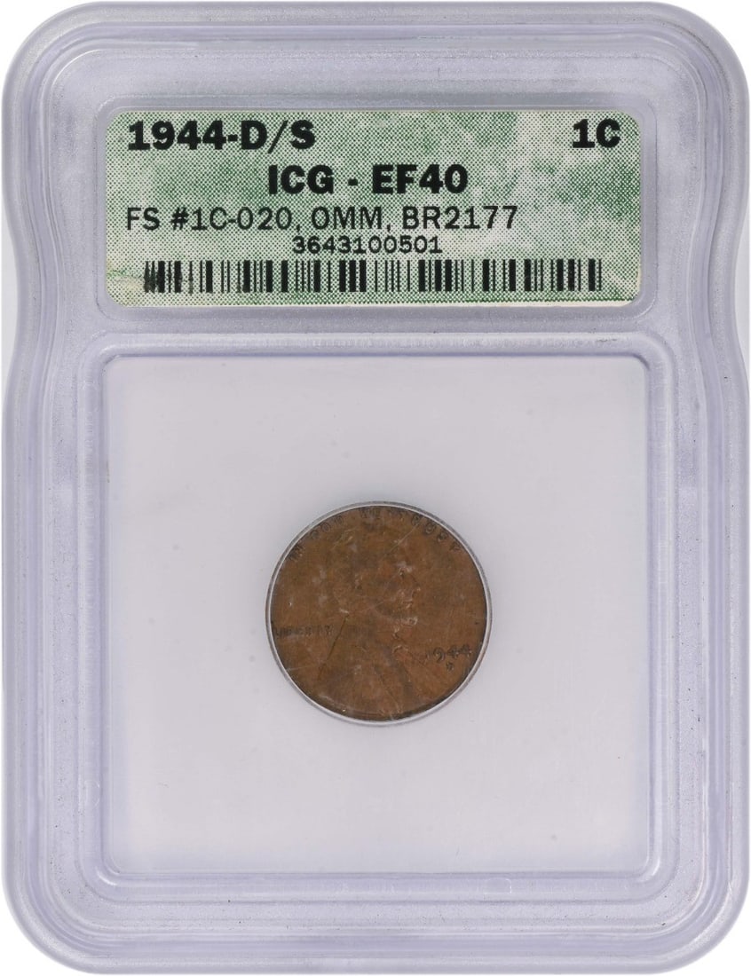 1944 Denver Over San Francisco Lincoln Wheat Cent FS-511 EF40 ICG Certified: 1944 Denver Over San Francisco Lincoln Wheat Cent FS-511 EF40 ICG Certified This is a 1944-D/S Lincoln Wheat Cent, certified by ICG with an EF40 grade. The coin features the FS-511 OMM 1 variety and w