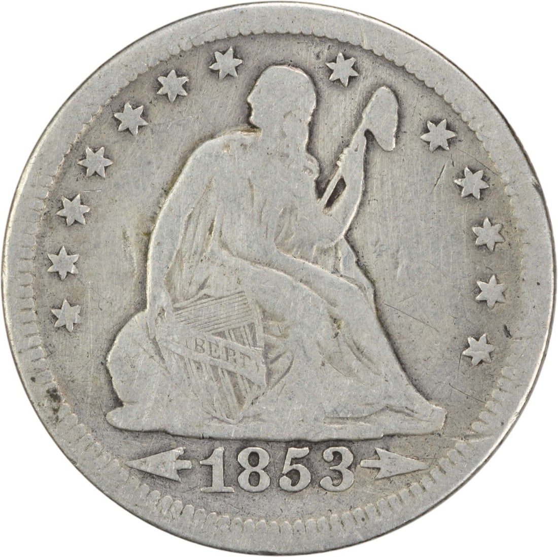 1853 Liberty Seated Quarter 90% Silver Uncertified Circulated: 1853 Liberty Seated Quarter 90% Silver Uncertified Circulated This 1853 Liberty Seated Quarter features the Arrows and Rays design, showcasing the artistry of designers Robert Ball Hughes and Christia