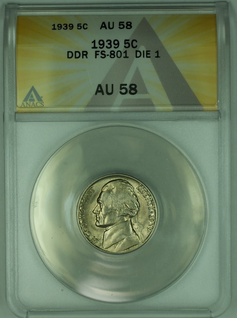 1939 Doubled Die Reverse Jefferson Nickel ANACS AU 58 Certified 5C Coin: 1939 Doubled Die Reverse Jefferson Nickel ANACS AU 58 Certified 5C Coin This is a 1939 Jefferson Nickel featuring the Doubled Die Reverse variety. Graded AU 58 by ANACS, this uncirculated 5-cent coin