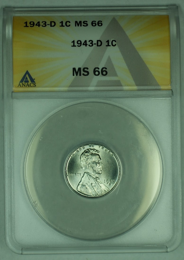 ANACS MS 66 1943-D Steel Lincoln Wheat Cent Uncirculated 1C Coin: ANACS MS 66 1943-D Steel Lincoln Wheat Cent Uncirculated 1C Coin This 1943-D Lincoln Steel Wheat Cent is an uncirculated coin certified by ANACS with a grade of MS 66. Minted in the United States, it