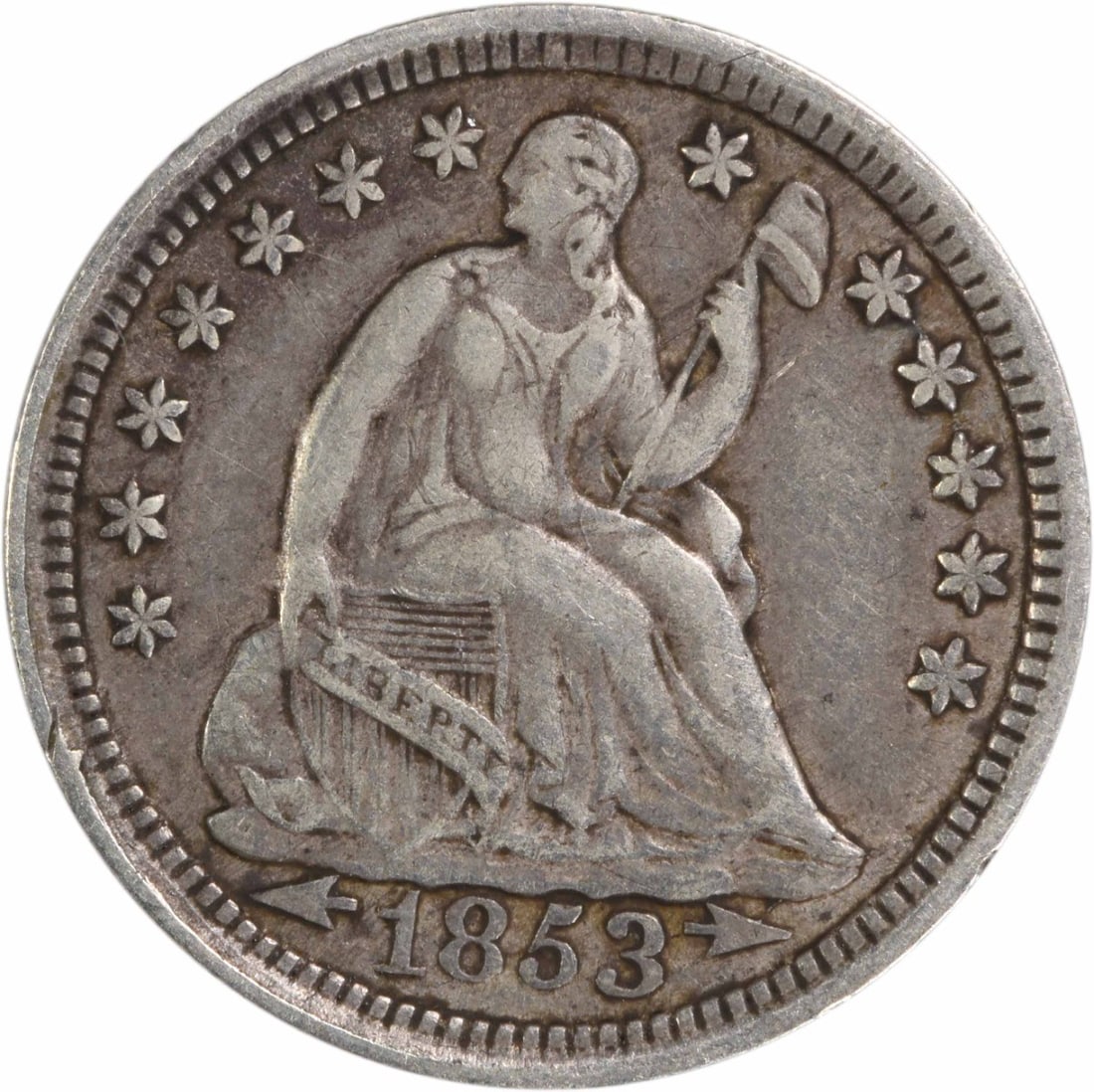1853 Liberty Seated Half Dime 90% Silver Uncertified: 1853 Liberty Seated Half Dime 90% Silver Uncertified This 1853 Liberty Seated Silver Half Dime features a classic design by Christian Gobrecht and is made of 90% silver and 10% copper. The coin is cir