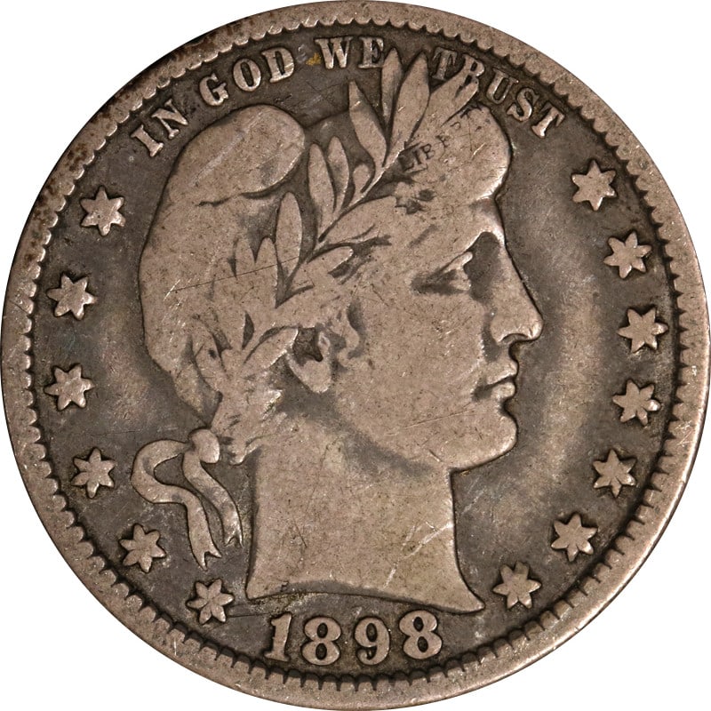 1898-O Barber Quarter Silver Coin Circulated UNCERTIFIED: 1898-O Barber Quarter Silver Coin Circulated UNCERTIFIED This 1898-O Barber Quarter is a classic piece of numismatic history. It features a silver composition with a fineness of 0.9, indicative of its