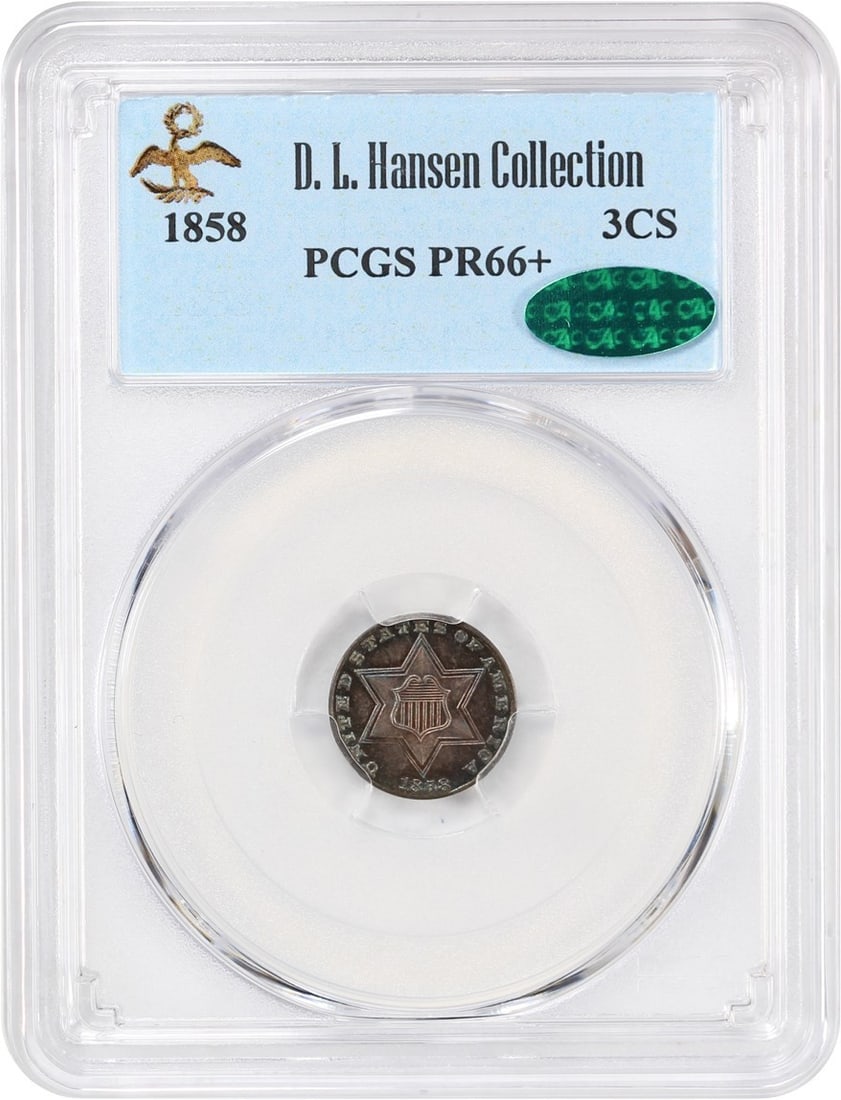 1858 Three Cent Silver PR66+ PCGS CAC D.L. Hansen Collection (1 of 4)