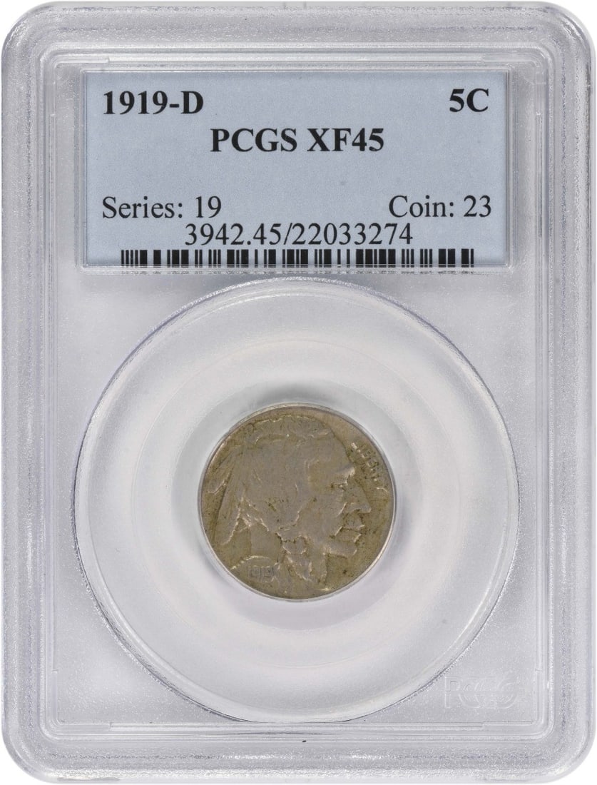Buffalo Nickel 1919 Denver Five Cent Coin PCGS EF45: Buffalo Nickel 1919 Denver Five Cent Coin PCGS EF45 This 1919-D Buffalo Nickel is graded EF45 by PCGS and was minted in Denver. Designed by James Earle Fraser, this pre-owned coin is composed of 75% c