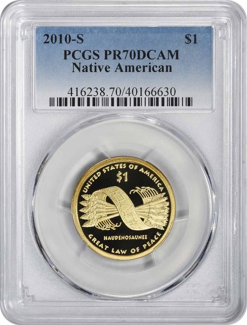 2010-S Sacagawea Dollar PR70DCAM PCGS Proof Uncirculated Coin: 2010-S Sacagawea Dollar PR70DCAM PCGS Proof Uncirculated Coin This 2010-S Sacagawea Native American Dollar is a stunning example of numismatic artistry, graded PR70 by PCGS, indicating a perfect strik