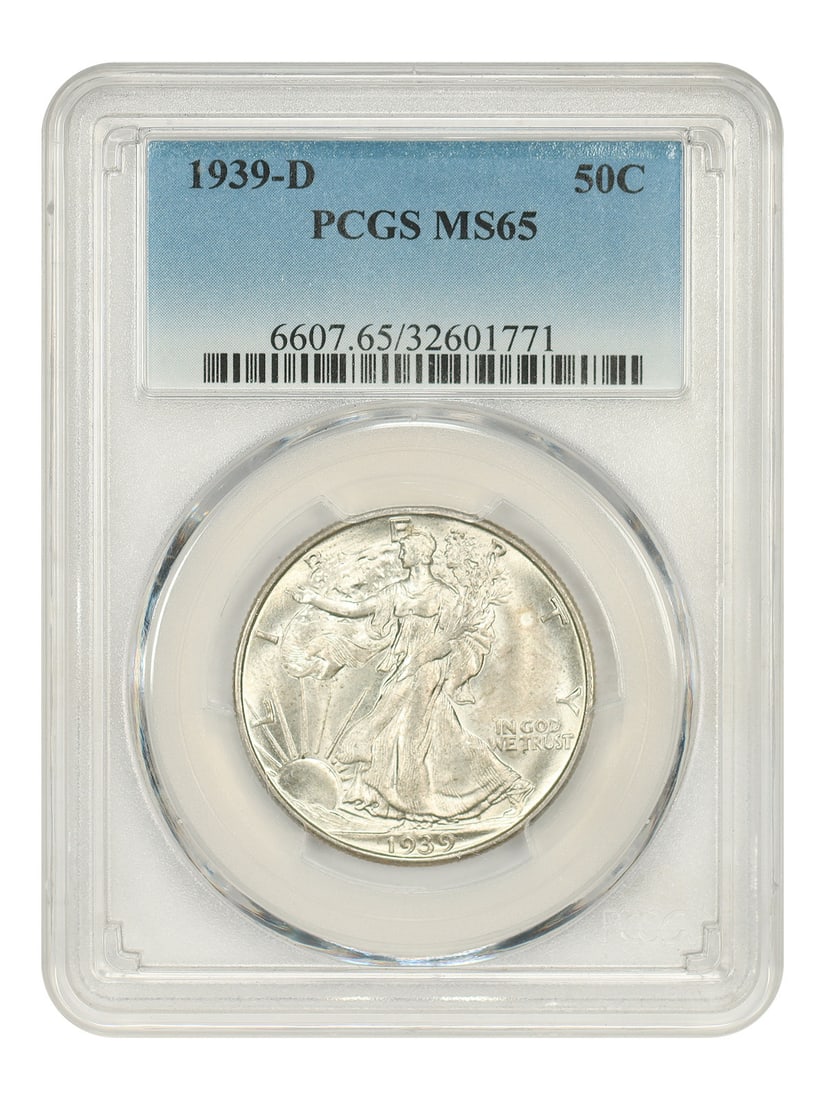 PCGS MS65 1939-D Walking Liberty Half Dollar 50C Uncirculated: PCGS MS65 1939-D Walking Liberty Half Dollar 50C Uncirculated This 1939-D Walking Liberty Half Dollar is an uncirculated coin graded MS65 by PCGS. Minted in Denver, it is part of the Walking Liberty H