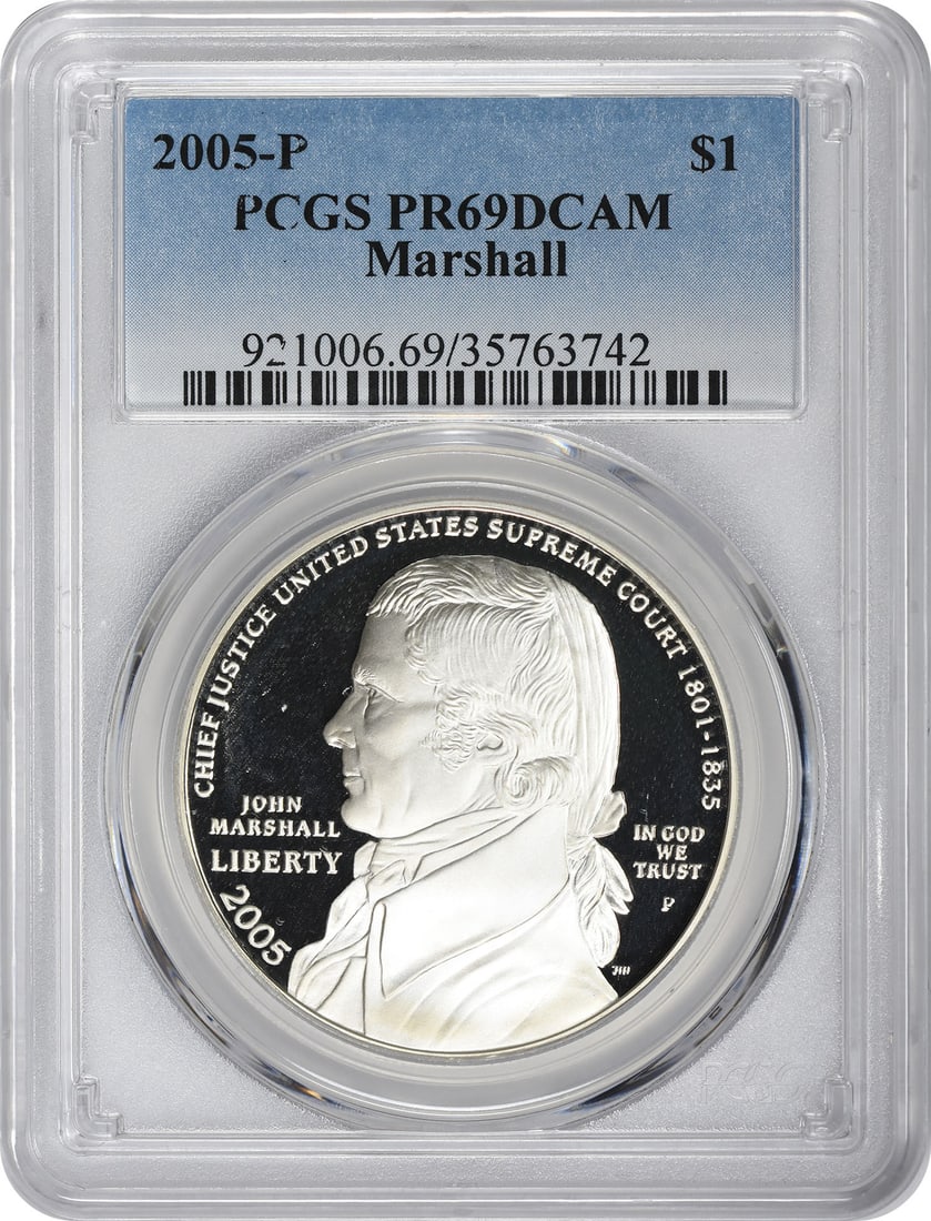 2005 Proof Silver Dollar Chief John Marshall PCGS PR69DCAM Commemorative: 2005 Proof Silver Dollar Chief John Marshall PCGS PR69DCAM Commemorative This is a 2005-P Chief John Marshall Silver Commemorative Dollar, graded PR69DCAM by PCGS. The coin is uncirculated and feature