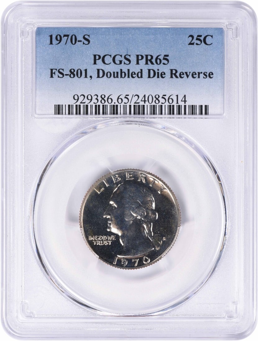 1970-S Washington Quarter DDR PR65 PCGS Uncirculated Copper Coin: 1970-S Washington Quarter DDR PR65 PCGS Uncirculated Copper Coin This 1970-S Washington Quarter features a Double Die Reverse (DDR) and is graded PR65 by PCGS, indicating it is in uncirculated conditi