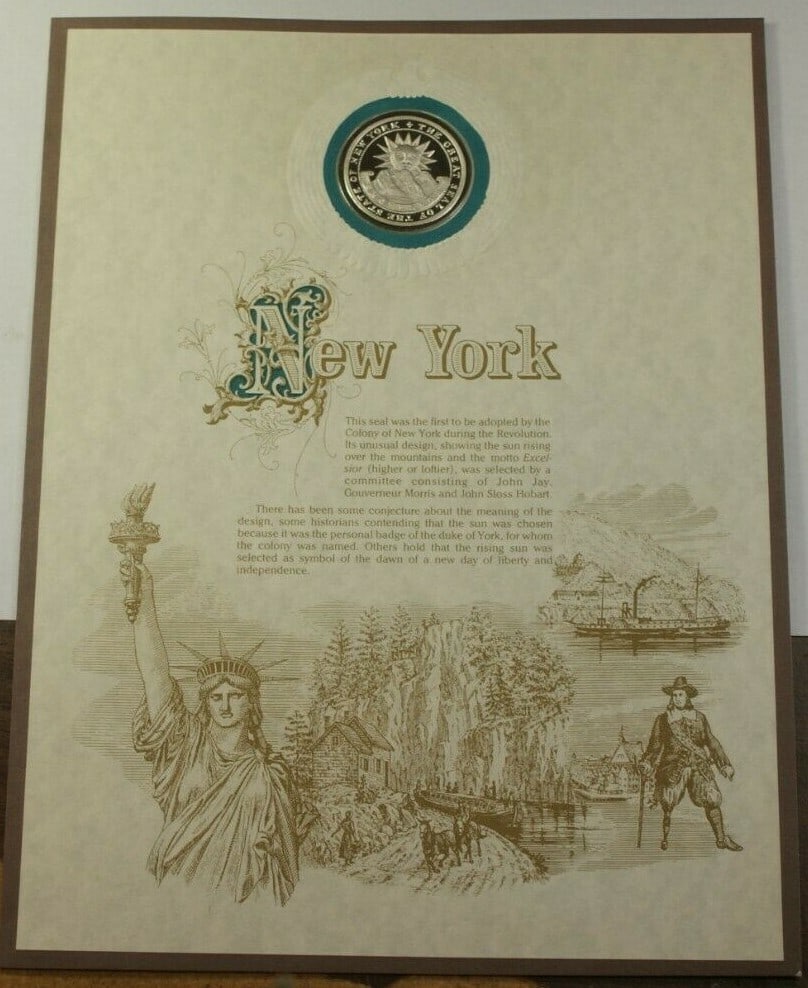 New York Sterling Silver Medal from Seal of the States Collection: New York Sterling Silver Medal from Seal of the States Collection This is a Franklin Mint Collection Silver Seal of the States medal representing New York, crafted in .925 pure sterling silver. This c