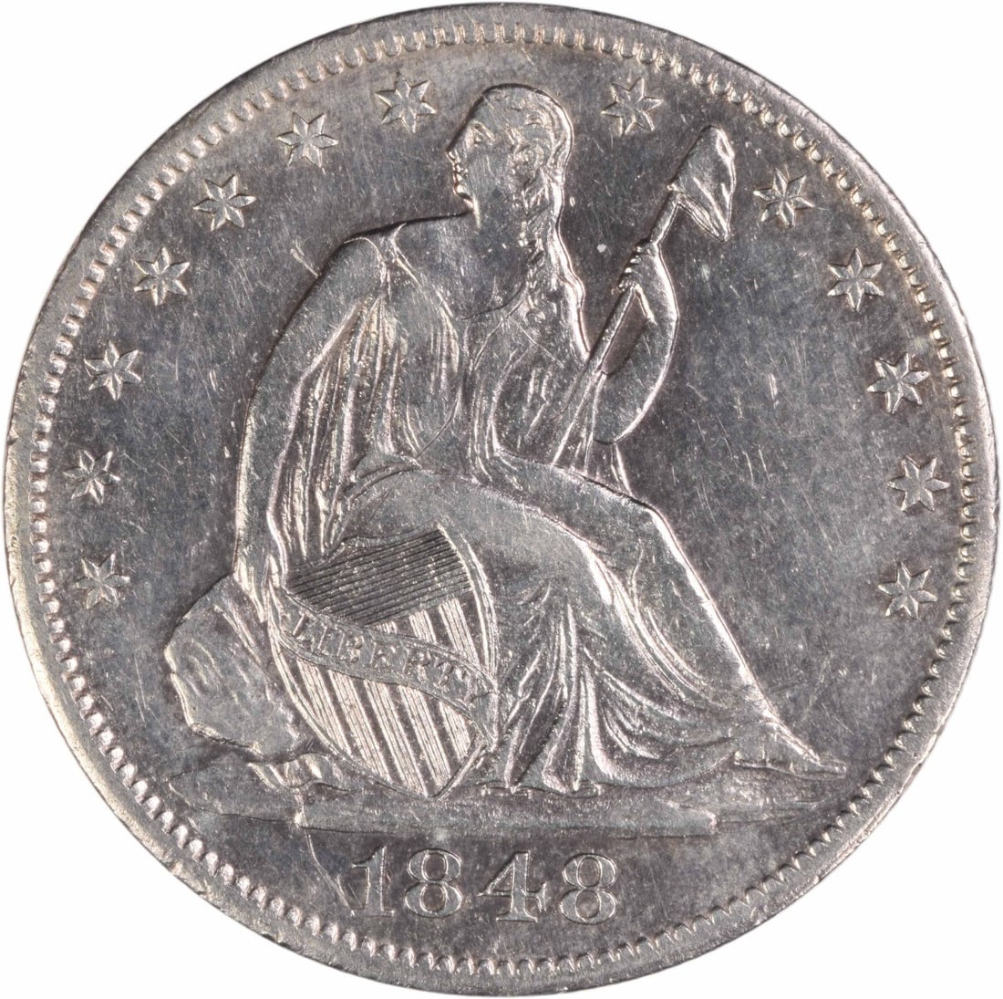 1848 New Orleans Seated Liberty Half Dollar 90 Percent Silver Uncertified AU: 1848 New Orleans Seated Liberty Half Dollar 90 Percent Silver Uncertified AU This 1848-O Liberty Seated Silver Half Dollar is a circulated coin from the New Orleans Mint, featuring the design by Thoma