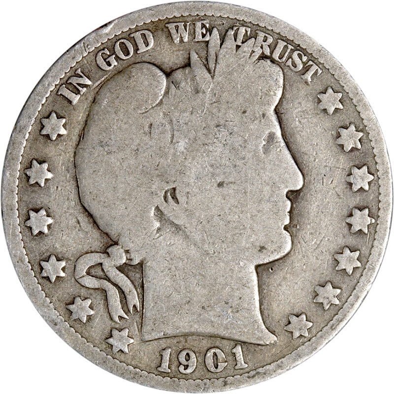 San Francisco Mint 1901 Silver Barber Half Dollar Coin: San Francisco Mint 1901 Silver Barber Half Dollar Coin This is a 1901-S Barber Half Dollar coin from the San Francisco Mint. The coin is composed of silver and has been circulated. It is an uncertifie