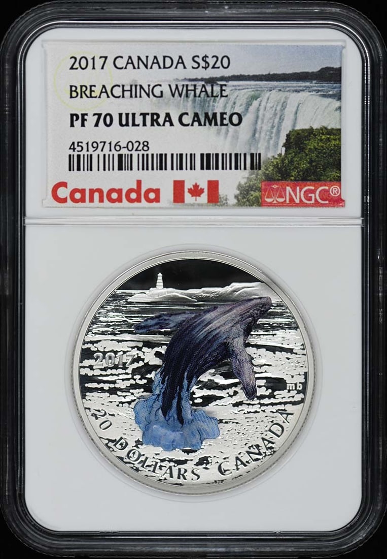 2017 Canada Breaching Whale S$20 Coin NGC PR70DCAM: 2017 Canada Breaching Whale S$20 Coin NGC PR70DCAM This exquisite 2017 Canada Breaching Whale S$20 coin is encapsulated and certified by NGC with a prestigious PR70 grade, indicating its pristine cond