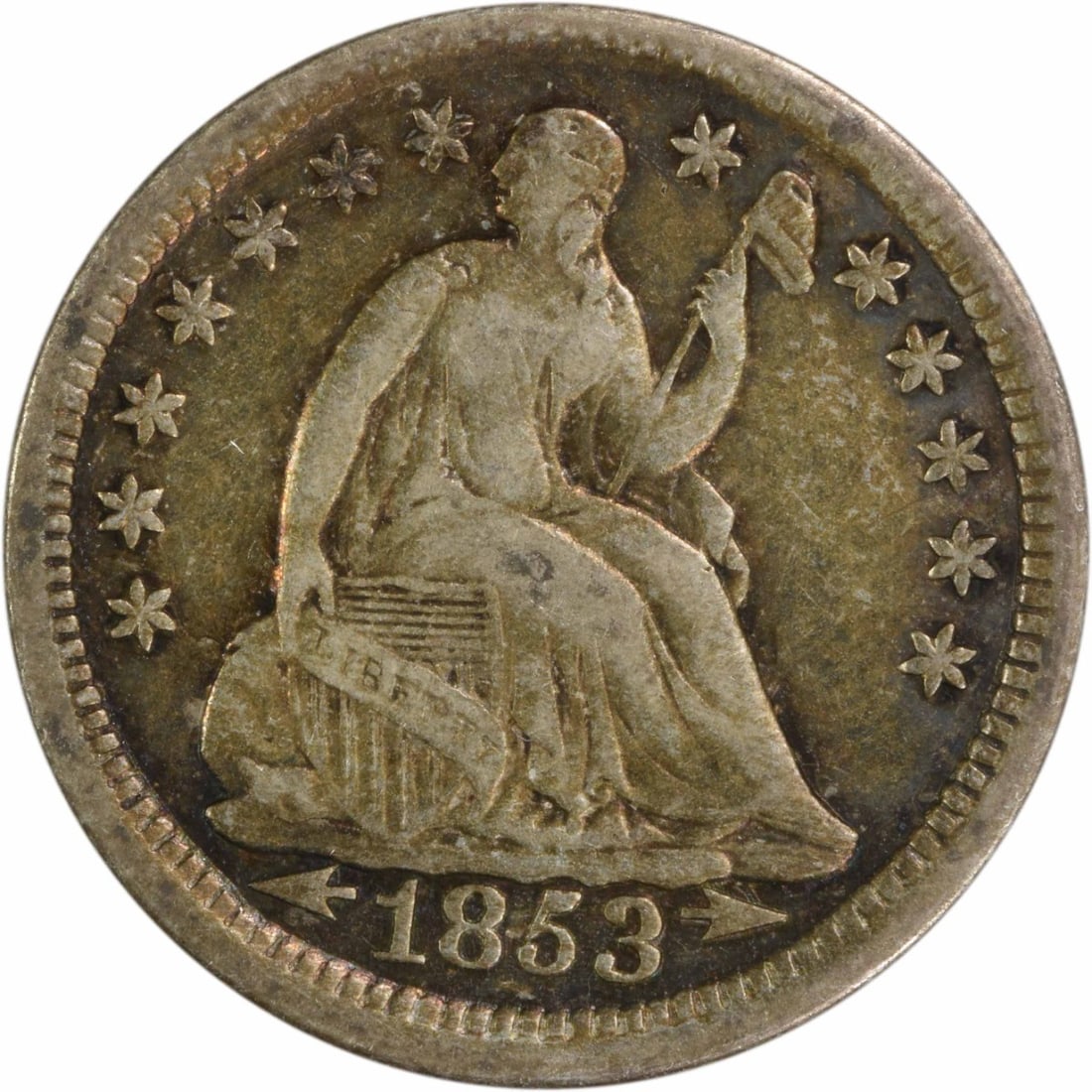 1853 Liberty Seated Half Dime Arrows EF Uncertified 90% Silver: 1853 Liberty Seated Half Dime Arrows EF Uncertified 90% Silver This 1853 Liberty Seated Silver Half Dime showcases the artistry of designer Christian Gobrecht. Minted in Philadelphia, this coin featur