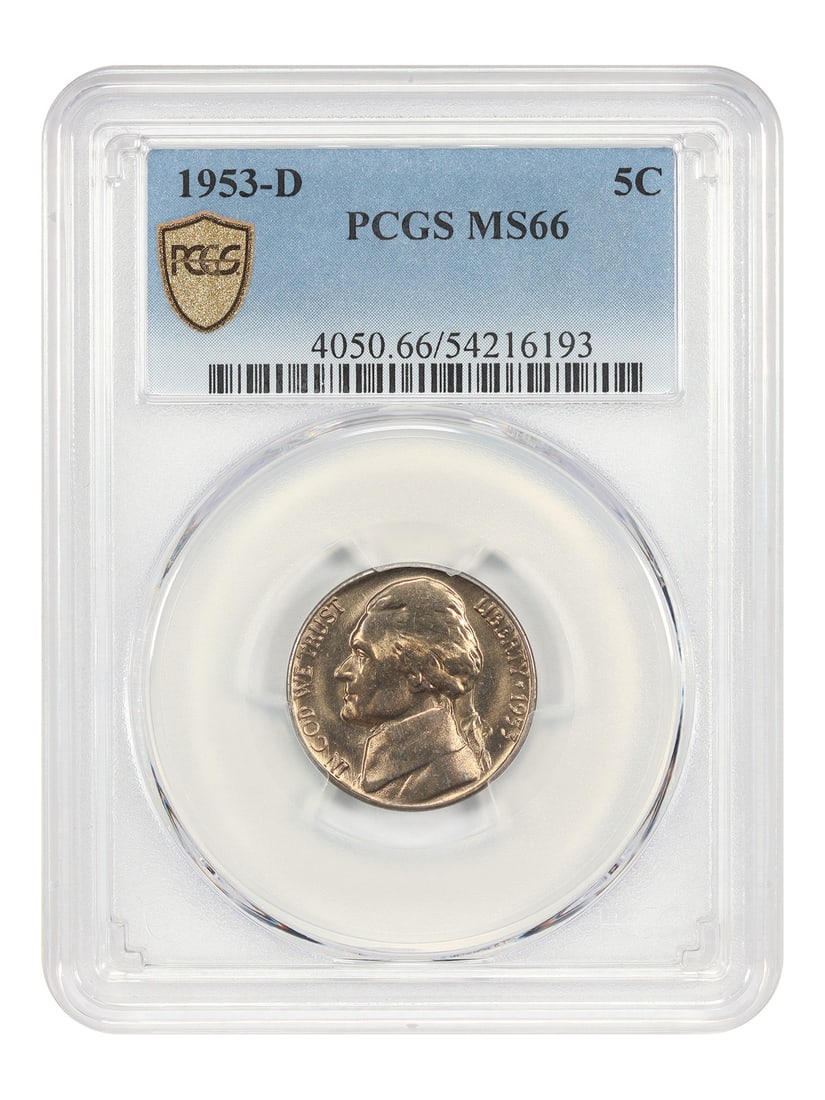 PCGS MS66 1953-D Jefferson Five Cent Uncirculated Coin: PCGS MS66 1953-D Jefferson Five Cent Uncirculated Coin This is a 1953-D Jefferson Nickel graded MS66 by PCGS. The coin is uncirculated and was minted in Denver. It belongs to the Jefferson Nickel seri