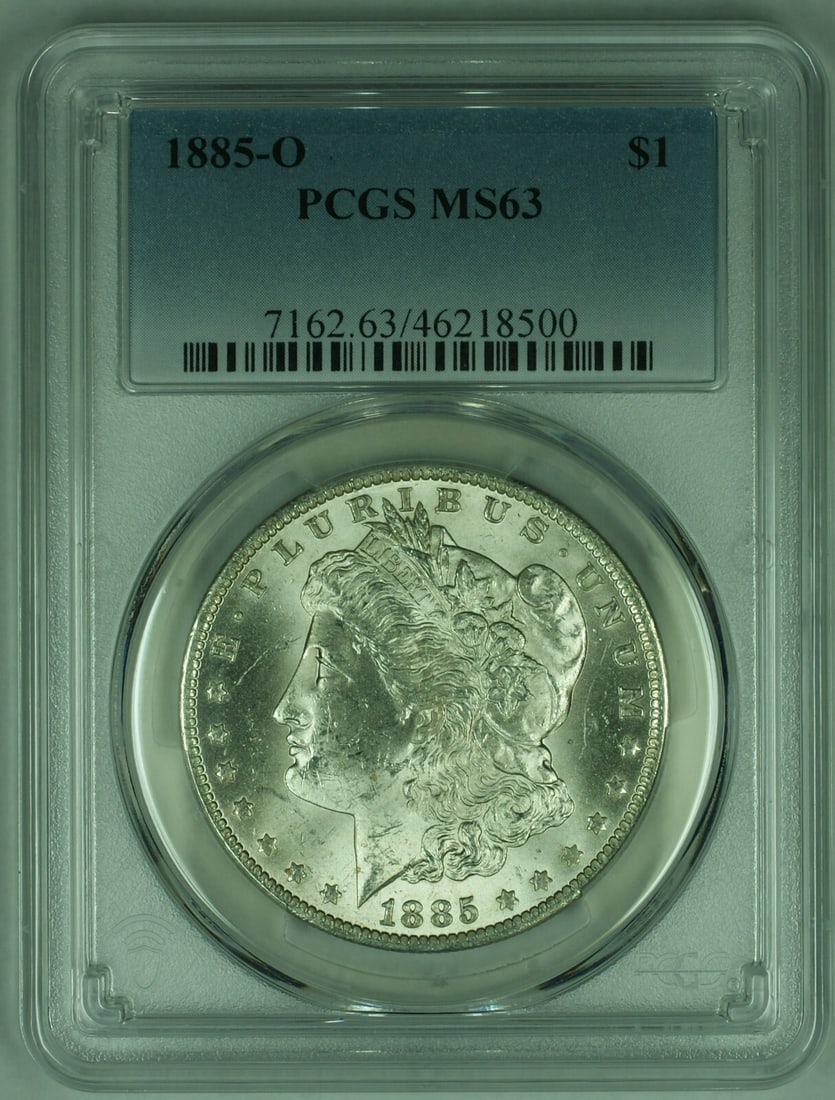 PCGS MS-63 1885-O Morgan Dollar Uncirculated Silver Coin: PCGS MS-63 1885-O Morgan Dollar Uncirculated Silver Coin This is an 1885-O Morgan Silver Dollar graded MS-63 by PCGS. Struck at the New Orleans Mint, this uncirculated coin is composed of 90% silver a
