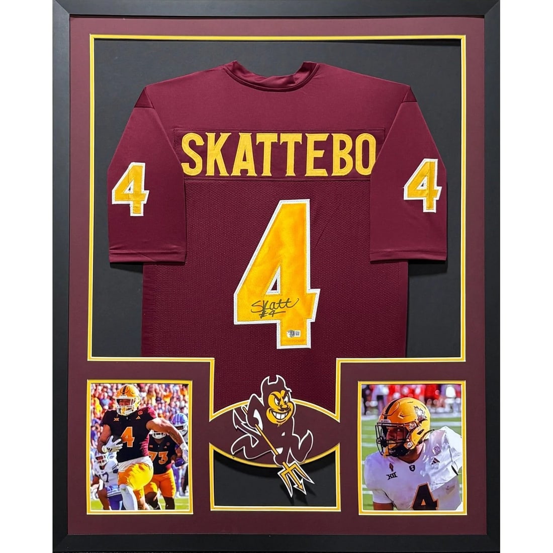 Cam Skattebo Signed Framed ASU Jersey Beckett Authenticated: Cam Skattebo Signed Framed ASU Jersey Beckett Authenticated This is a beautifully framed autographed jersey of Cam Skattebo, showcasing the Arizona State University logo. The jersey comes with a tampe
