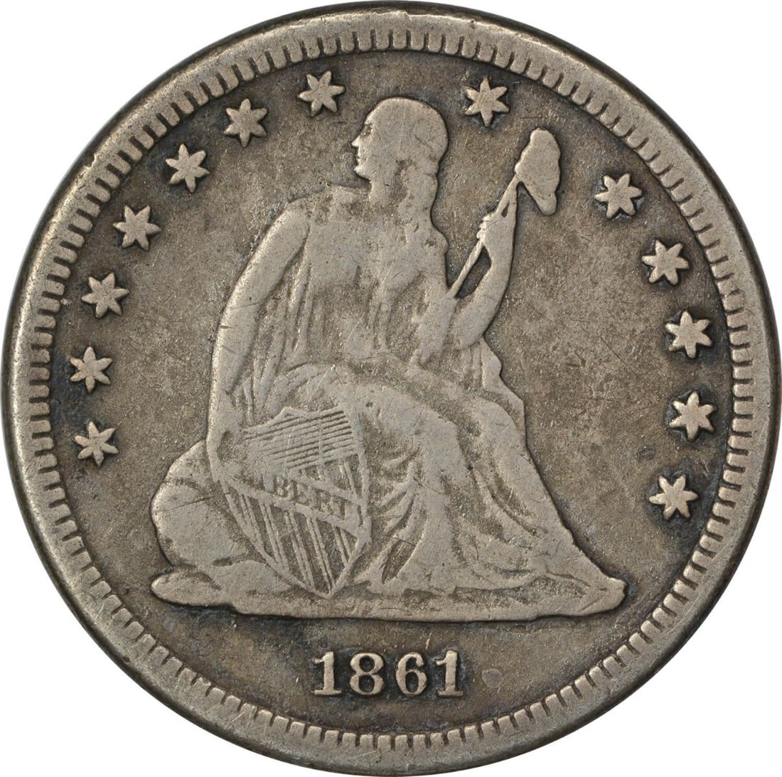 1861-S Liberty Seated Quarter 25C VF Uncertified Silver Coin: 1861-S Liberty Seated Quarter 25C VF Uncertified Silver Coin This 1861-S Liberty Seated Quarter is a beautifully circulated piece featuring the classic design by Robert Ball Hughes and Christian Gobre