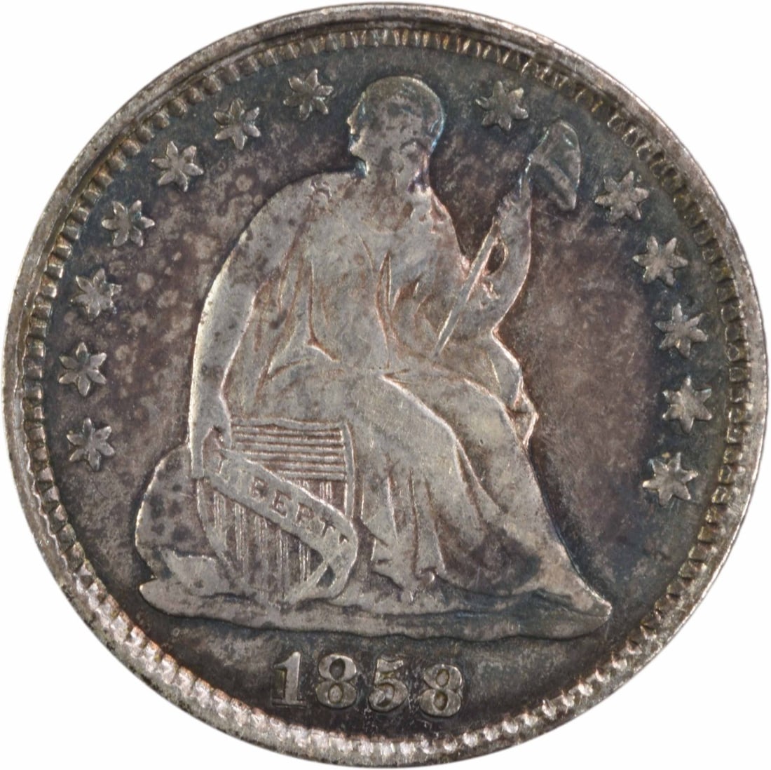 1858 Liberty Seated Half Dime 90% Silver Uncertified: 1858 Liberty Seated Half Dime 90% Silver Uncertified This 1858 Liberty Seated Silver Half Dime is a remarkable piece from the United States, featuring an elegant design by Christian Gobrecht. The coin