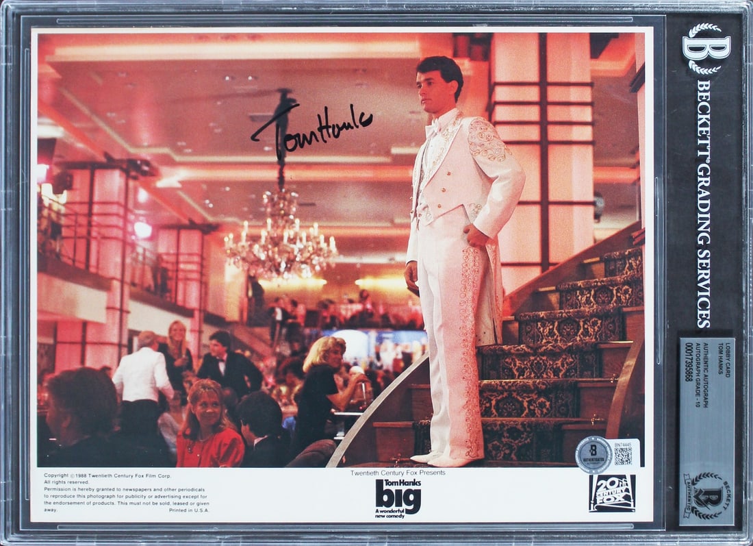Tom Hanks Big Signed 8x10 Lobby Card Photo Gem Mint 10 Beckett: Tom Hanks Big Signed 8x10 Lobby Card Photo Gem Mint 10 Beckett This authentic 8x10 lobby card photo features the signature of Tom Hanks, known for his iconic role in the film 'Big'. Graded as Gem Mint