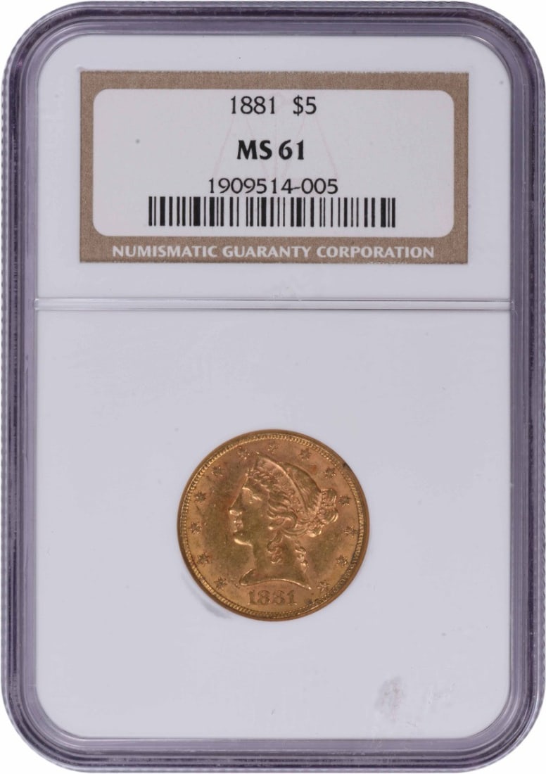 NGC MS61 1881 Liberty Head $5 Gold Coin from Philadelphia: NGC MS61 1881 Liberty Head $5 Gold Coin from Philadelphia This 1881 $5 Liberty Head gold coin, struck at the Philadelphia Mint, is graded MS61 by NGC and remains uncirculated. Designed by Christian Go