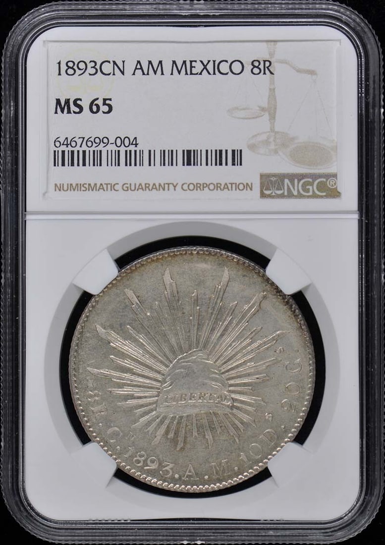 1893 Mexico 8 Real Coin NGC MS65 Certified Uncirculated: 1893 Mexico 8 Real Coin NGC MS65 Certified Uncirculated This 1893 Mexican 8 Reales coin is a remarkable piece, certified by NGC with a grade of MS65, indicating its uncirculated condition. It showcase