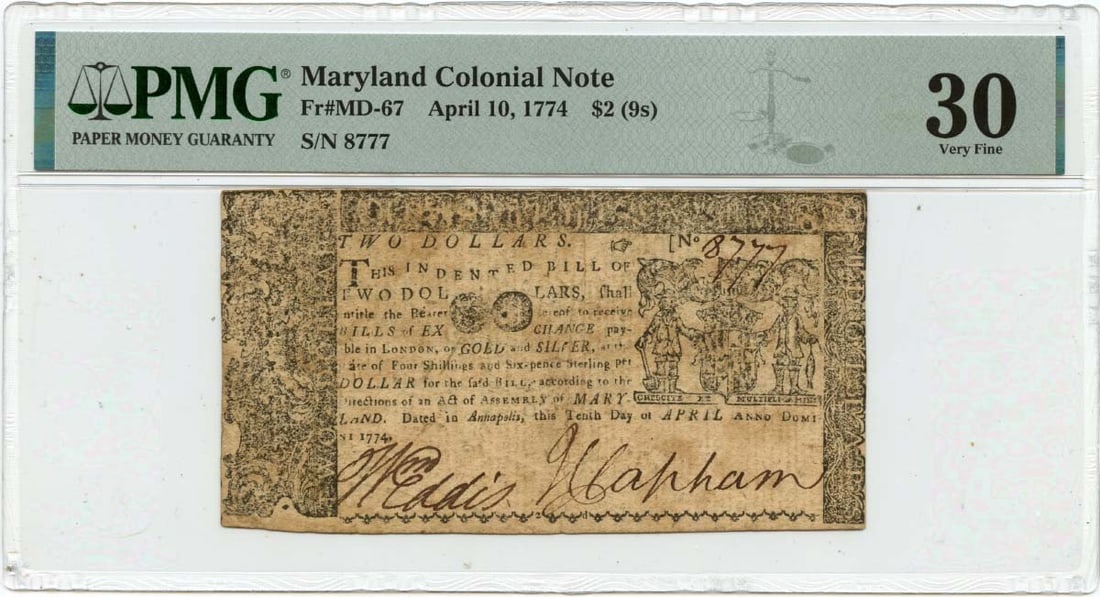 April 10 1774 Maryland $2 Colonial Currency PMG VF30 Certified: April 10 1774 Maryland $2 Colonial Currency PMG VF30 Certified This is a $2 Maryland colonial note dated April 10, 1774, graded VF30 by PMG. The note is a piece of pre-owned colonial currency from the