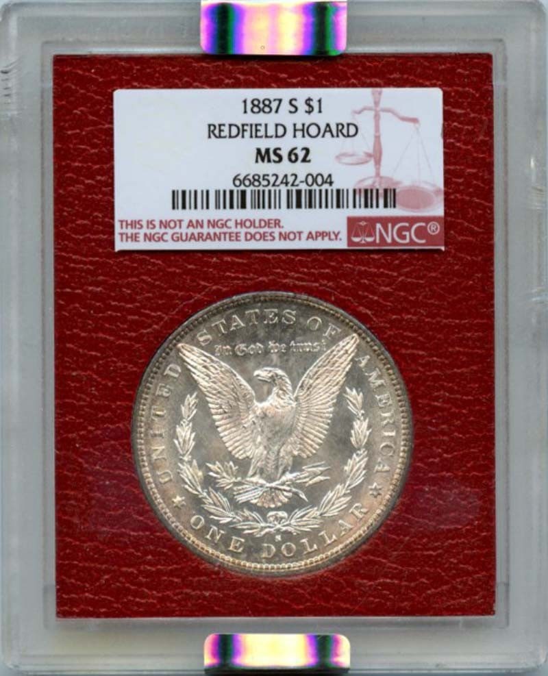 1887 S Morgan Silver Dollar Redfield Hoard NGC MS62 Uncirculated: 1887 S Morgan Silver Dollar Redfield Hoard NGC MS62 Uncirculated This 1887-S Morgan Silver Dollar is a remarkable piece from the Redfield Hoard, certified by NGC with a grade of MS62. Struck at the Sa