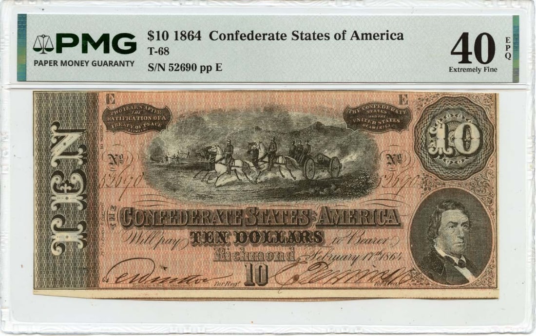 Confederate States 1864 Ten Dollar PMG XF40 EPQ Certified Banknote (1 of 2)