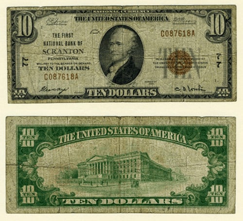 1929 $10 National Bank Note Scranton PA First NB Charter 77 G VG: 1929 $10 National Bank Note Scranton PA First NB Charter 77 G VG This is a 1929 Series T-1 $10 National Bank Note issued by the First National Bank of Scranton, Pennsylvania, with Charter #77. The not