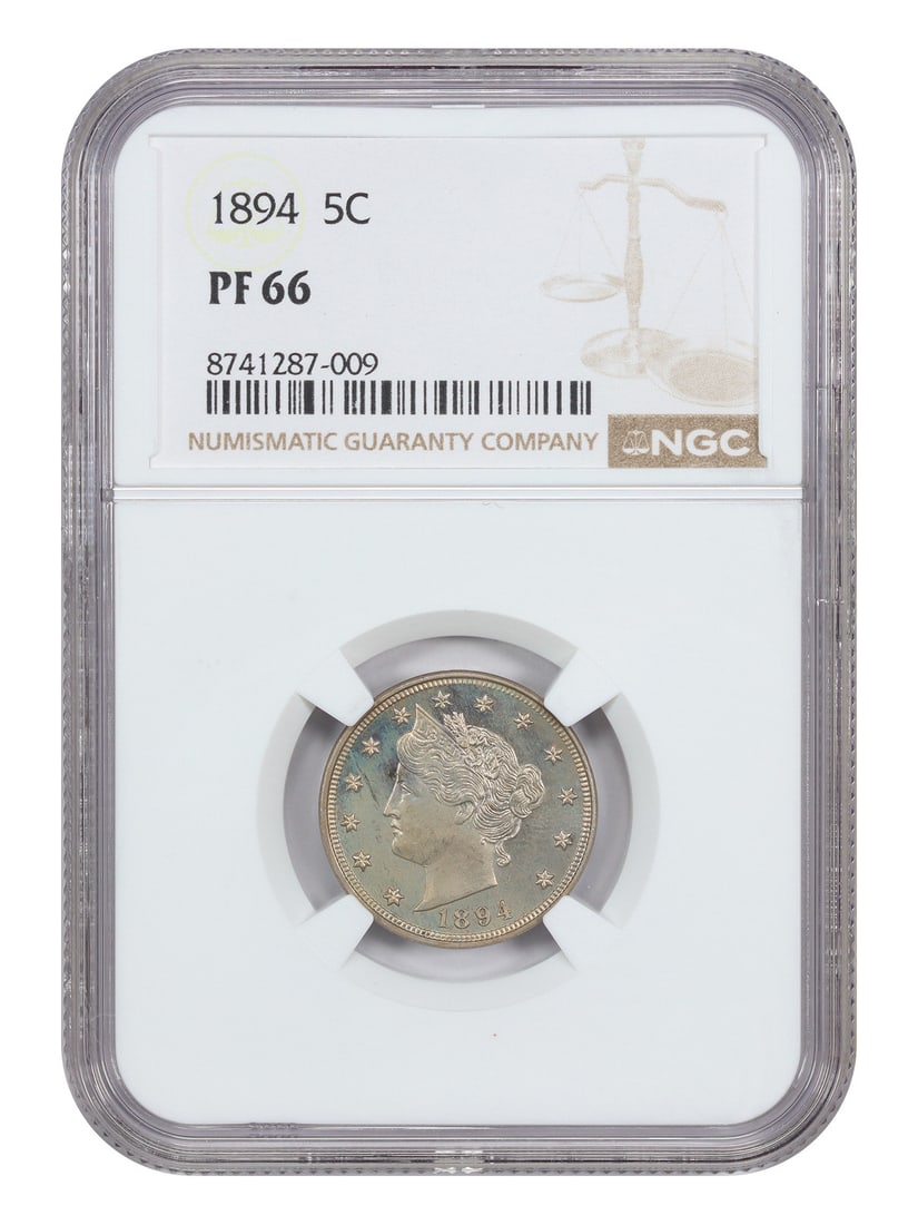 NGC Graded Proof 66 1894 Liberty Head Nickel Five Cent Coin: NGC Graded Proof 66 1894 Liberty Head Nickel Five Cent Coin This is an 1894 Liberty Nickel, certified by NGC with a grade of PR66. Struck in proof format at the Philadelphia Mint, this uncirculated co