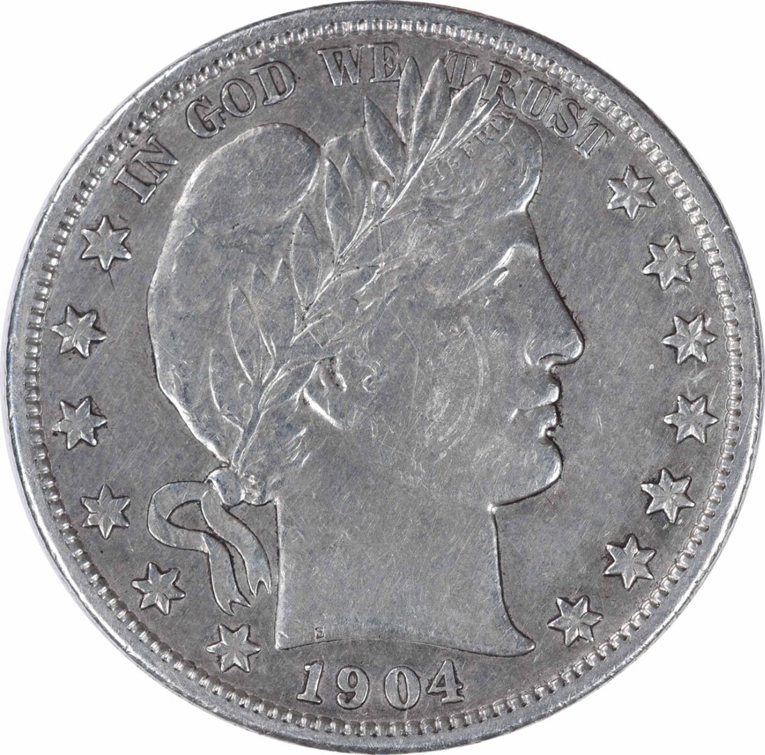 1904-S Barber Silver Half Dollar 50C XF Uncertified Coin: 1904-S Barber Silver Half Dollar 50C XF Uncertified Coin This 1904-S Barber Silver Half Dollar is a classic piece of American numismatics, showcasing the artistry of designer Charles E. Barber. Struck