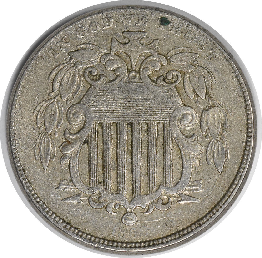 1866 Shield Nickel VF Uncertified 5C James Barton Longacre: 1866 Shield Nickel VF Uncertified 5C James Barton Longacre This 1866 Shield Nickel features a vintage design by James Barton Longacre, showcasing the intricate details typical of the era. The coin is
