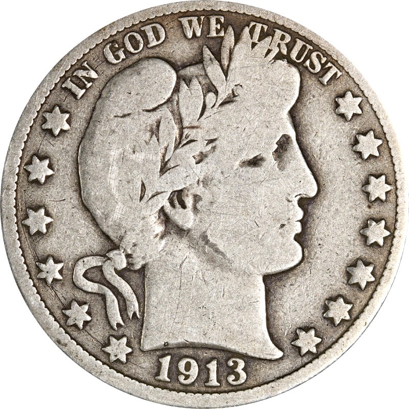 1913 San Francisco Mint Silver Barber Half Dollar Coin: 1913 San Francisco Mint Silver Barber Half Dollar Coin This is a 1913-S Barber Half Dollar composed of silver with a fineness of 0.9. The coin is circulated and was minted in San Francisco. It is unce