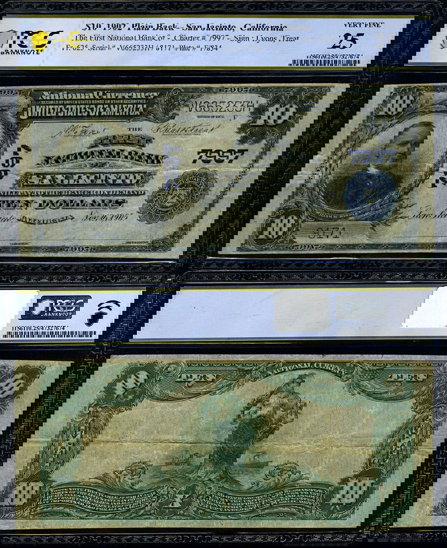 1902 PB $10 National Bank Note San Jacinto CA PCGS VF25 (1 of 3)