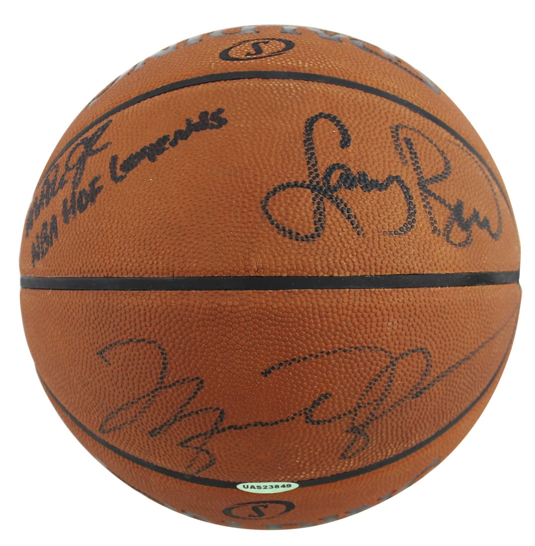 NBA HOF Legends Autographed Basketball Jordan Bird Johnson BAS A39837: NBA HOF Legends Autographed Basketball Jordan Bird Johnson BAS A39837 This remarkable autographed Official NBA Game Basketball is a must-have for any basketball fan. It features the signatures of thre