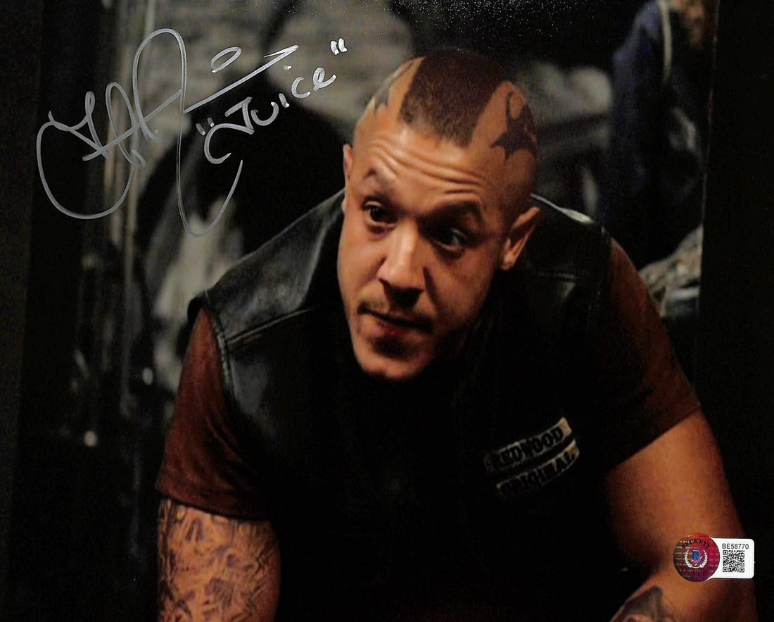 Theo Rossi Signed Juice Ortiz 8x10 Photo Beckett Authenticated: Theo Rossi Signed Juice Ortiz 8x10 Photo Beckett Authenticated This is an autographed 8x10 photograph of Theo Rossi, known for his role as "Juice Ortiz" in the TV series Sons of Anarchy. The photo fea