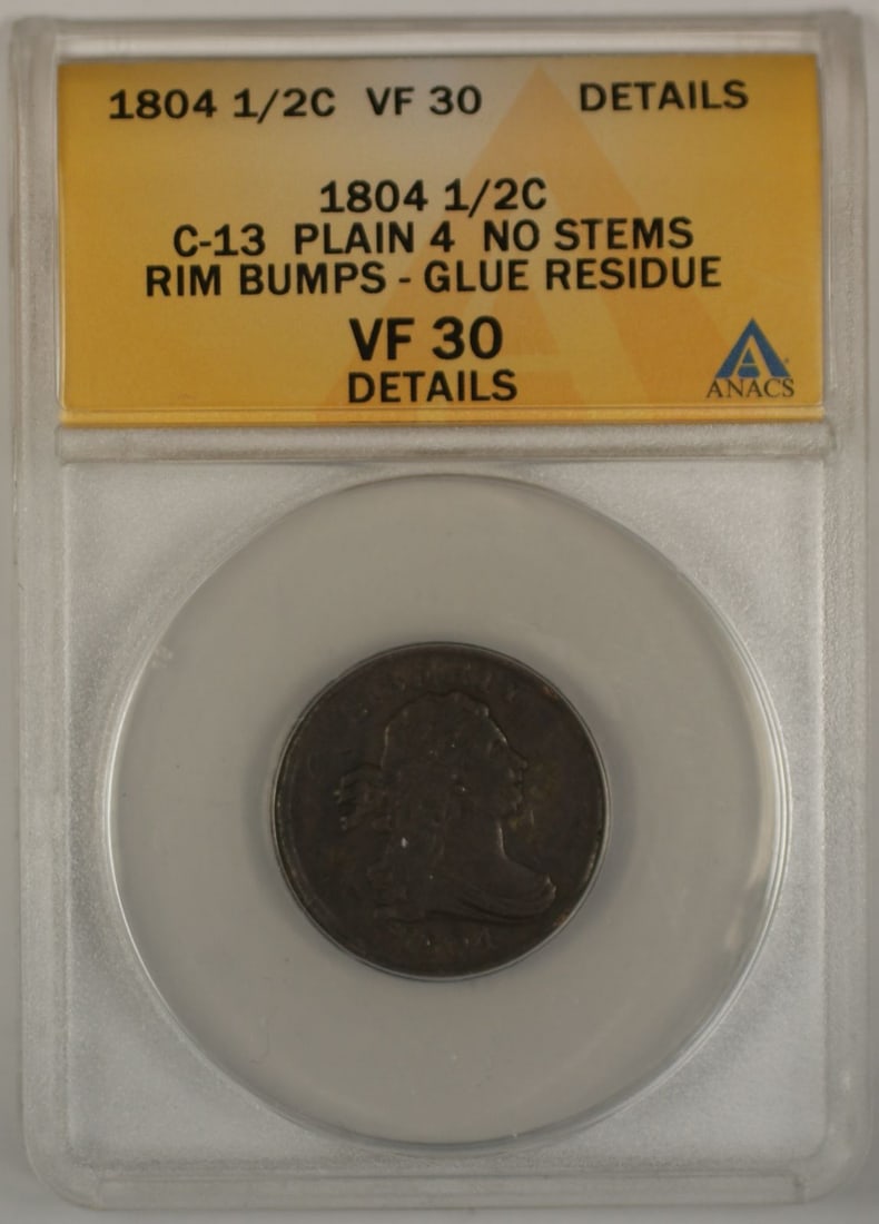 ANACS VF-30 1804 C-13 Draped Bust Half Cent Plain 4 No Stems: ANACS VF-30 1804 C-13 Draped Bust Half Cent Plain 4 No Stems This is an 1804 Draped Bust Half Cent certified by ANACS as C-13 Plain 4 No Stems. The coin was minted in Philadelphia and is composed of c