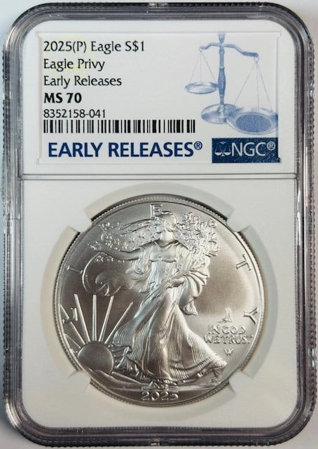 NGC MS70 2025 Silver Eagle Dollar Early Releases With Eagle Privy Mark (1 of 2)