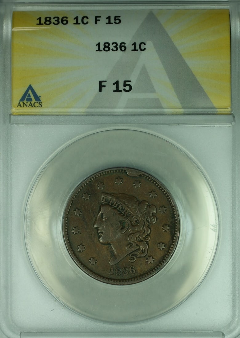 1836 Large Cent Coronet Head Obverse Cud ANACS F-15 Graded United States Coin: 1836 Large Cent Coronet Head Obverse Cud ANACS F-15 Graded United States Coin This 1836 Coronet Head Large Cent is graded F-15 by ANACS and features an obverse cud at the 12:30 position. The coin is c