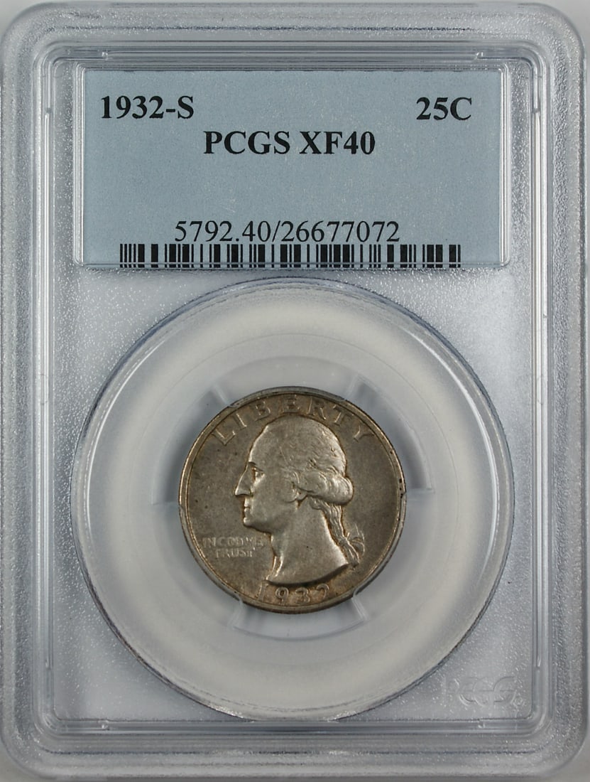 PCGS XF-40 1932-S Silver Washington Quarter Semi-Key Date Coin: PCGS XF-40 1932-S Silver Washington Quarter Semi-Key Date Coin This 1932-S Silver Washington Quarter is graded XF-40 by PCGS. Minted in San Francisco, it marks the first year of issue for the Washingt