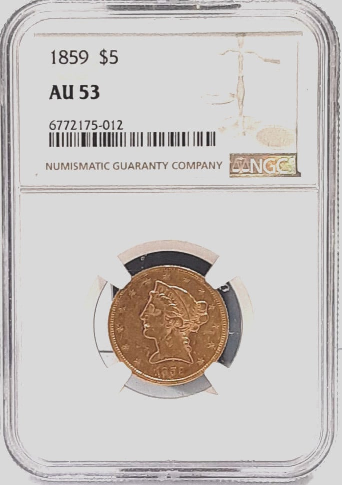 NGC AU-53 1859 Liberty Head $5 Gold Half Eagle Philadelphia Mint Coin: NGC AU-53 1859 Liberty Head $5 Gold Half Eagle Philadelphia Mint Coin This 1859 Liberty Head $5 Half Eagle gold coin is graded AU-53 by NGC. Featuring a 0.9 fineness gold composition, it was minted in