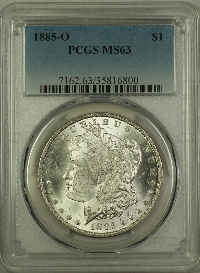 PCGS MS63 1885-O Morgan Dollar Uncirculated New Orleans Silver $1 Coin: PCGS MS63 1885-O Morgan Dollar Uncirculated New Orleans Silver $1 Coin This is an 1885-O Morgan Silver Dollar with a $1 denomination, certified by PCGS and graded MS 63. The coin was minted in New Orl