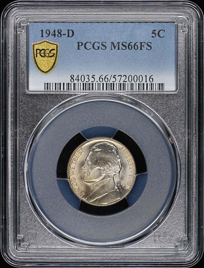 1948-D Jefferson Nickel PCGS MS66FS Uncirculated Coin: 1948-D Jefferson Nickel PCGS MS66FS Uncirculated Coin This stunning 1948-D Jefferson Nickel has been certified by PCGS and is graded MS66 with a Full Steps designation, indicating exceptional detail a