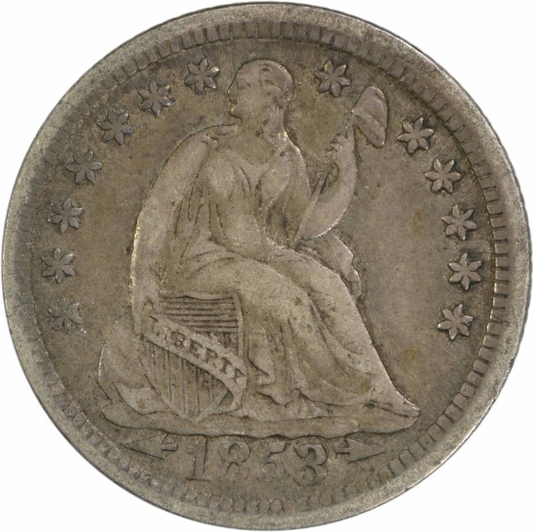 1853 Liberty Seated Half Dime 90% Silver Uncertified: 1853 Liberty Seated Half Dime 90% Silver Uncertified This 1853 Liberty Seated Silver Half Dime is a remarkable piece of American numismatic history. Struck at the Philadelphia Mint, this coin features