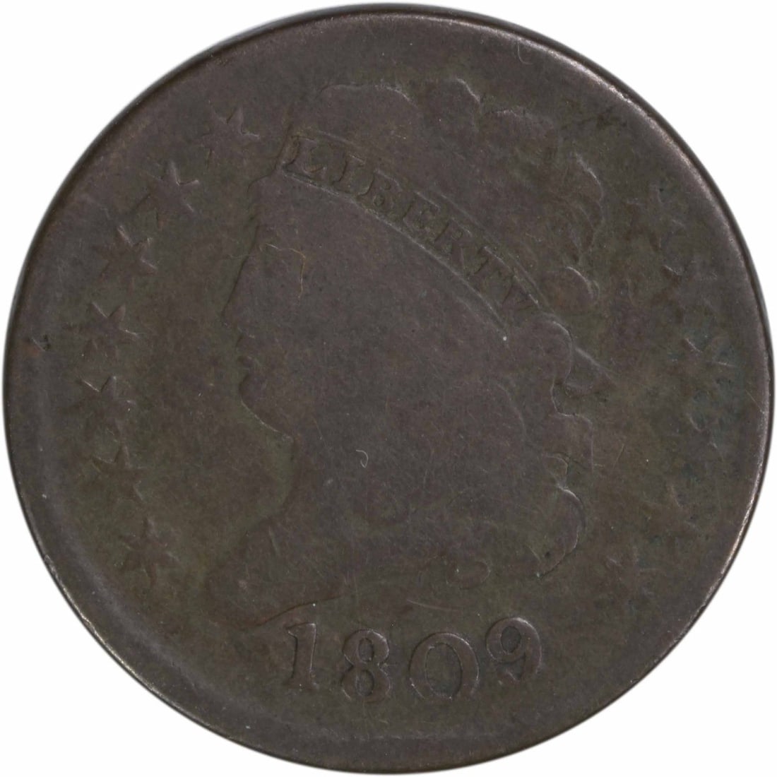 1809 Classic Head Half Cent Copper Coin Philadelphia: 1809 Classic Head Half Cent Copper Coin Philadelphia This 1809 Half Cent, designated as VG (Very Good), features the Classic Head design by John Reich. Minted in Philadelphia, this coin is a Circulate