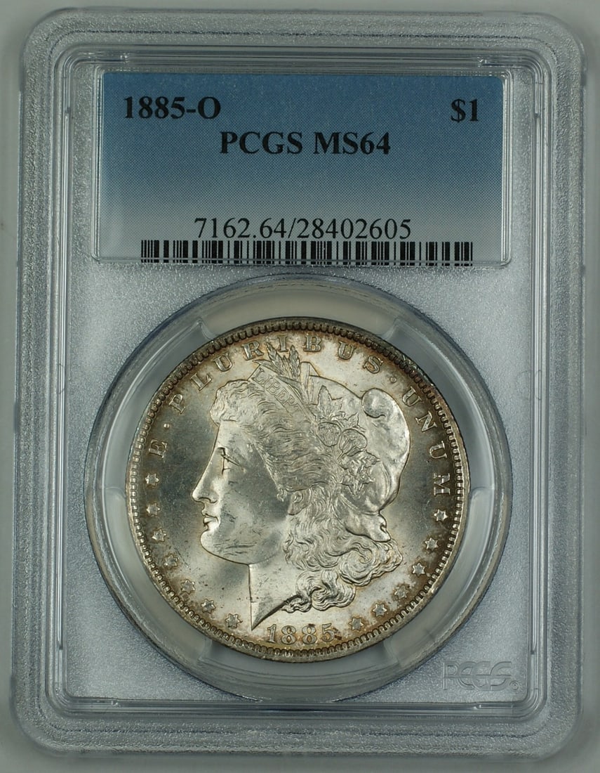 PCGS MS64 1885-O Silver Morgan Dollar Uncirculated Light Toning United States: PCGS MS64 1885-O Silver Morgan Dollar Uncirculated Light Toning United States This is an 1885-O Morgan Silver Dollar coin graded MS-64 by PCGS. The coin is lightly toned and was minted in New Orleans.